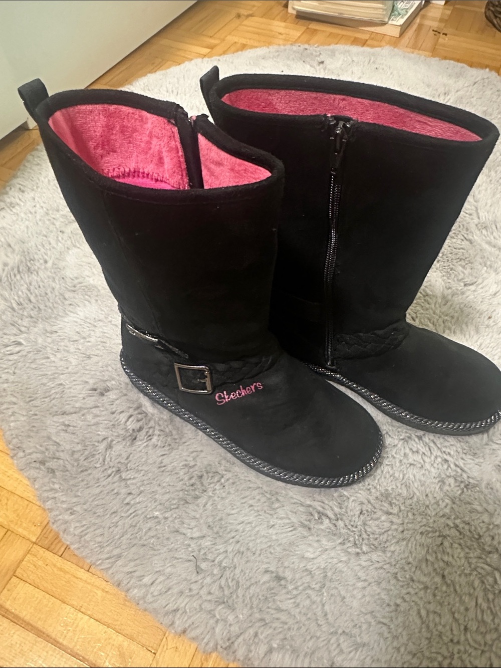 Skechers Black Kids Mid-Calf Boots with Pink Lining